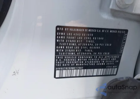 2024 Volkswagen Taos 1.5T S z USA, uszkodzony, nr VIN 3VV5X7B25RM017087